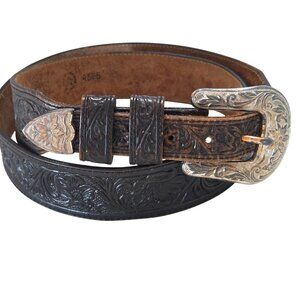 Vintage Eagle Leather Works Belt Size 40 Black Tooled Western Engraved Buckle